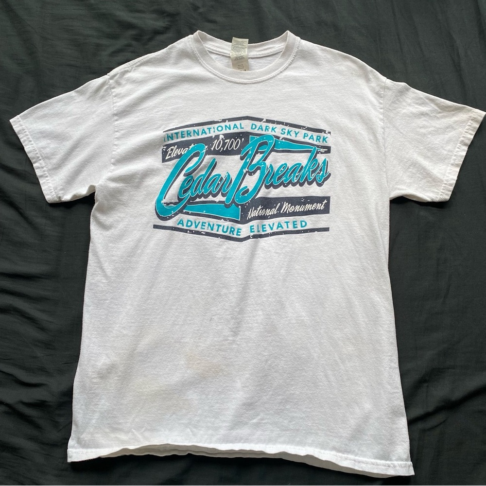 Gildan White Cedar Breaks Graphic Tee - Turquoise & Navy Print